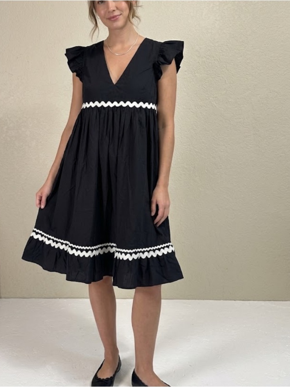 Who What Wear Black Midi Dress with White Zigzag Trim